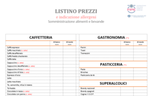 Listino prezzi con allergeni