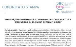 Sostegni, Fipe-Confcommercio in Senato: “Ristori bocciati da 9 imprenditori su 10. Vanno riformati subito”