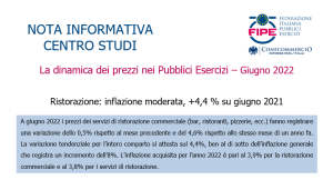 Ristorazione: inflazione moderata, +4,4 % su giugno 2021