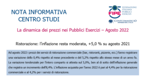 Ristorazione: l’inflazione resta moderata, +5,0 % su agosto 2021